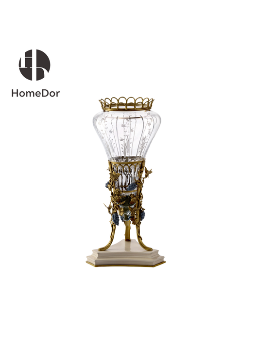 HomeDor HomeDor × FH&Home | Prague Collection European Style Crystal Glass Vase with Brass Vines and Blue Grapes-Vases & Vessels-L26cm × W26cm × H56cm-