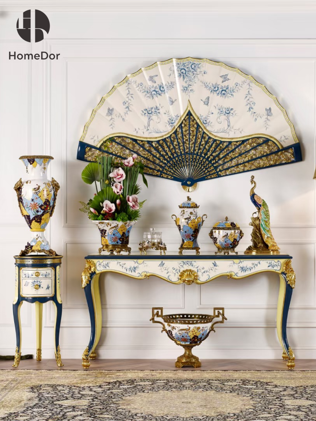 HomeDor × FH&Home | Chinoiserie Elegant Blue & White Floral Fan Wall Art Decor