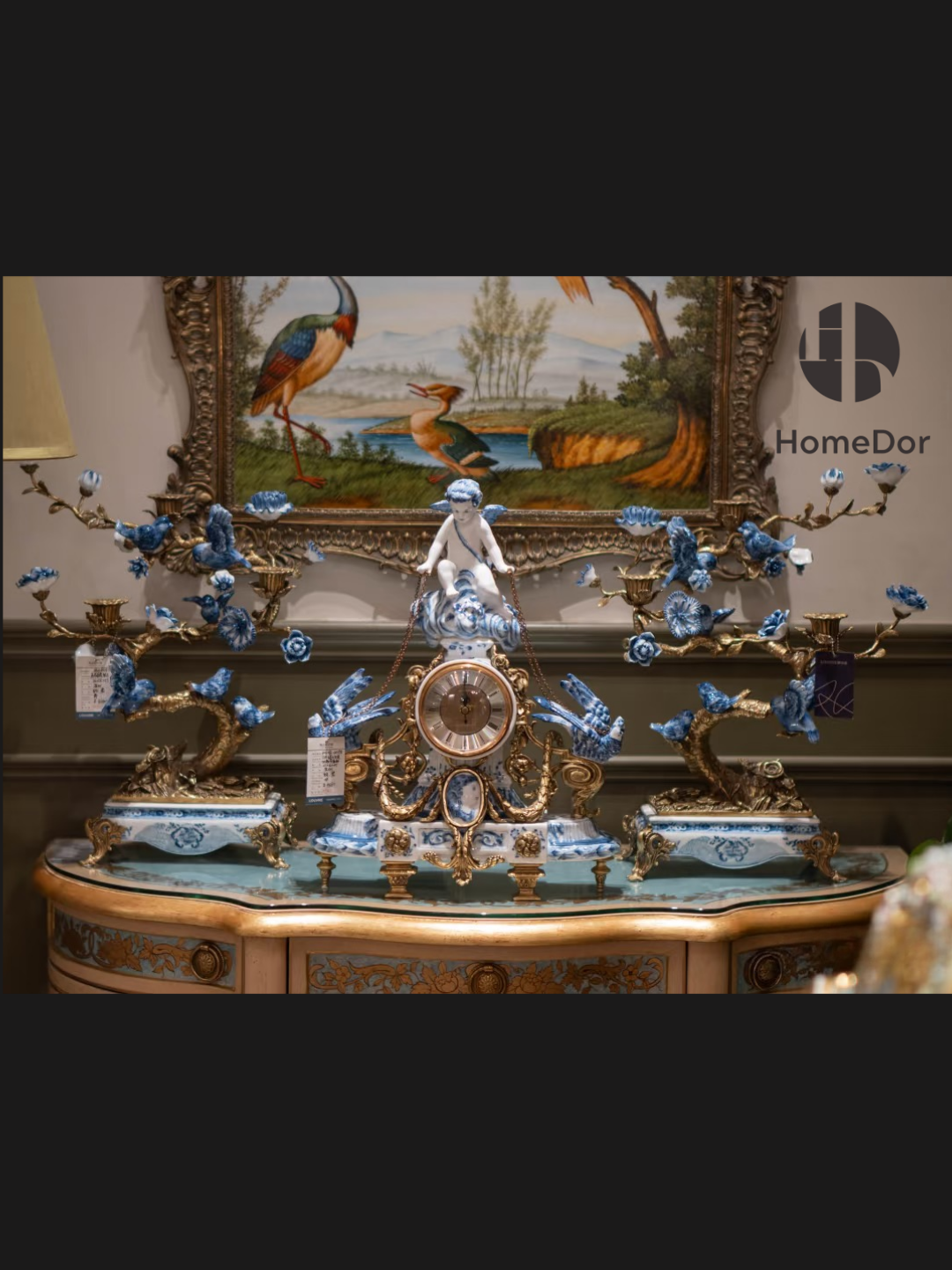 HomeDor × FH&Home | Blue and White Porcelain Birds Brass Tree Candle Holder
