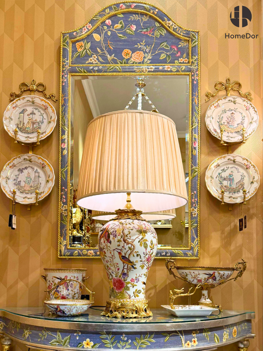 HomeDor × FH&Home | Chinoiserie Deep Violet Bird & Floral Motif Arched Wall Mirror