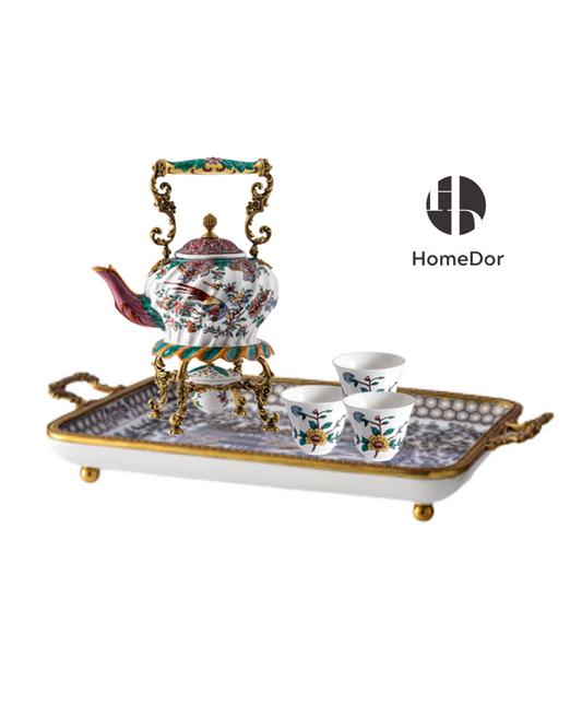 HomeDor HomeDor × FH&Home | Hand-Painted Floral Bird Ceramic Tea Set with Brass Accents-Whole Set/Teapot+Tray+6 Teacup-