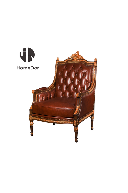 HomeDor HomeDor × FH&Home | European Baroque Red Leather Carved Mahogany Lounge Chair-L75 cm × W89 cm × H114 cm-