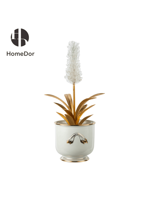HomeDor White Crystal Flower Table Decor with Golden Leaves-L26.5cm X W24.5cm X H60cm-