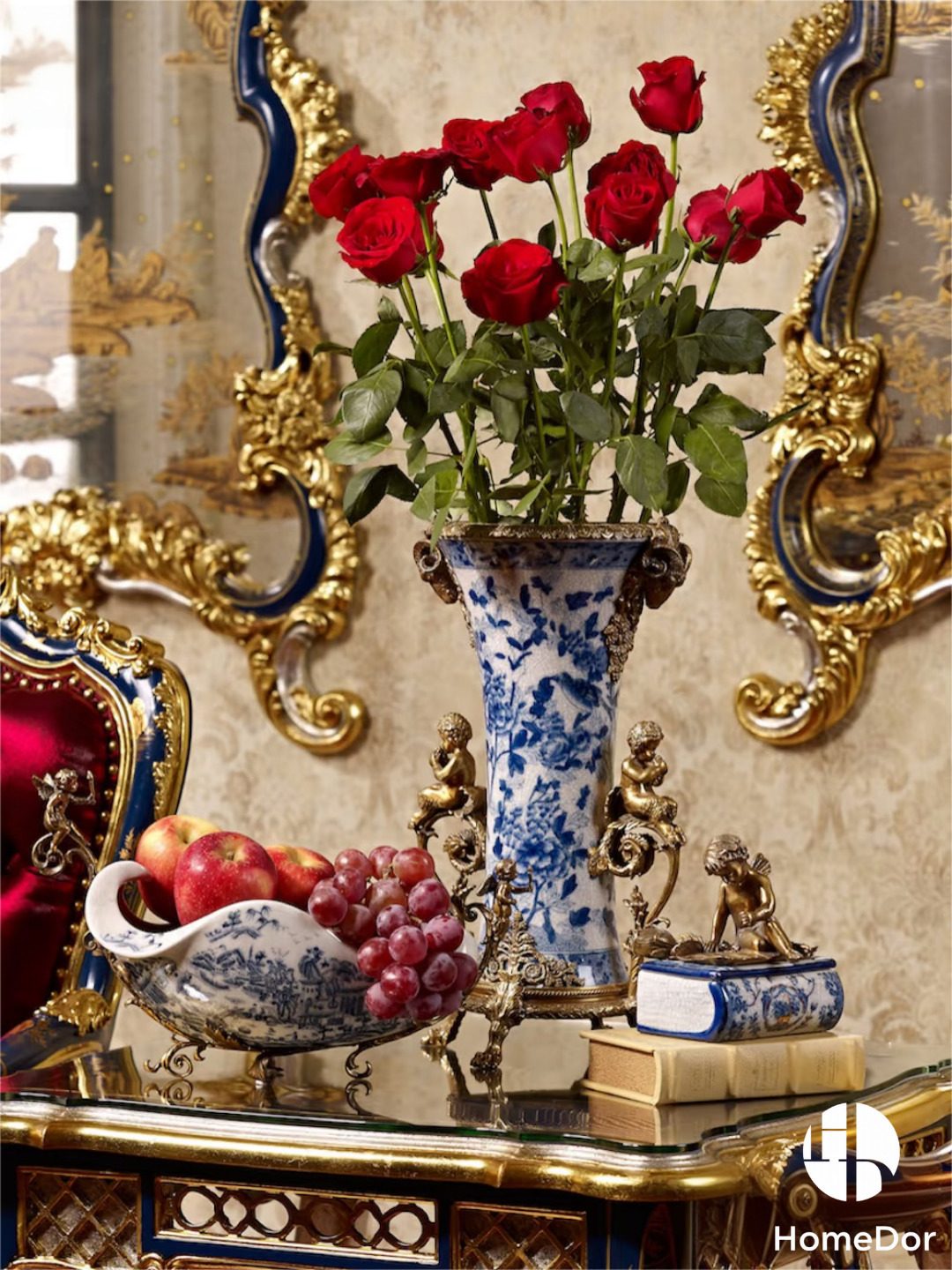 HomeDor × FH&Home | Exquisite Blue-and-White Porcelain Plantain Vase with Brass Cherub & Ram-Head Accents
