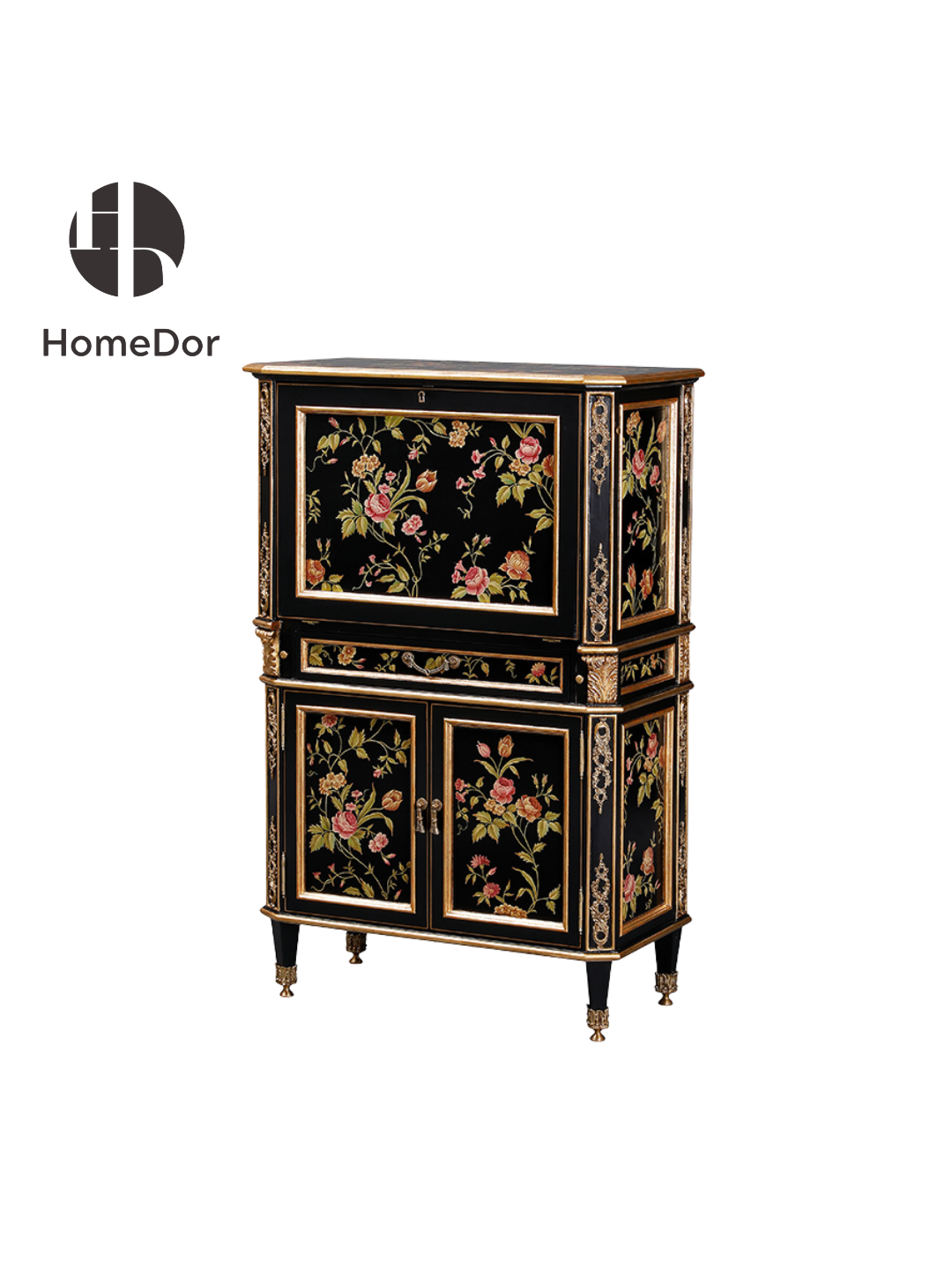 HomeDor HomeDor × FH&Home | Vintage-Inspired Black Cabinet with Ornate Floral Decoration and Gold Trimmings-Cabinets-L85cm × W44cm × H131cm-