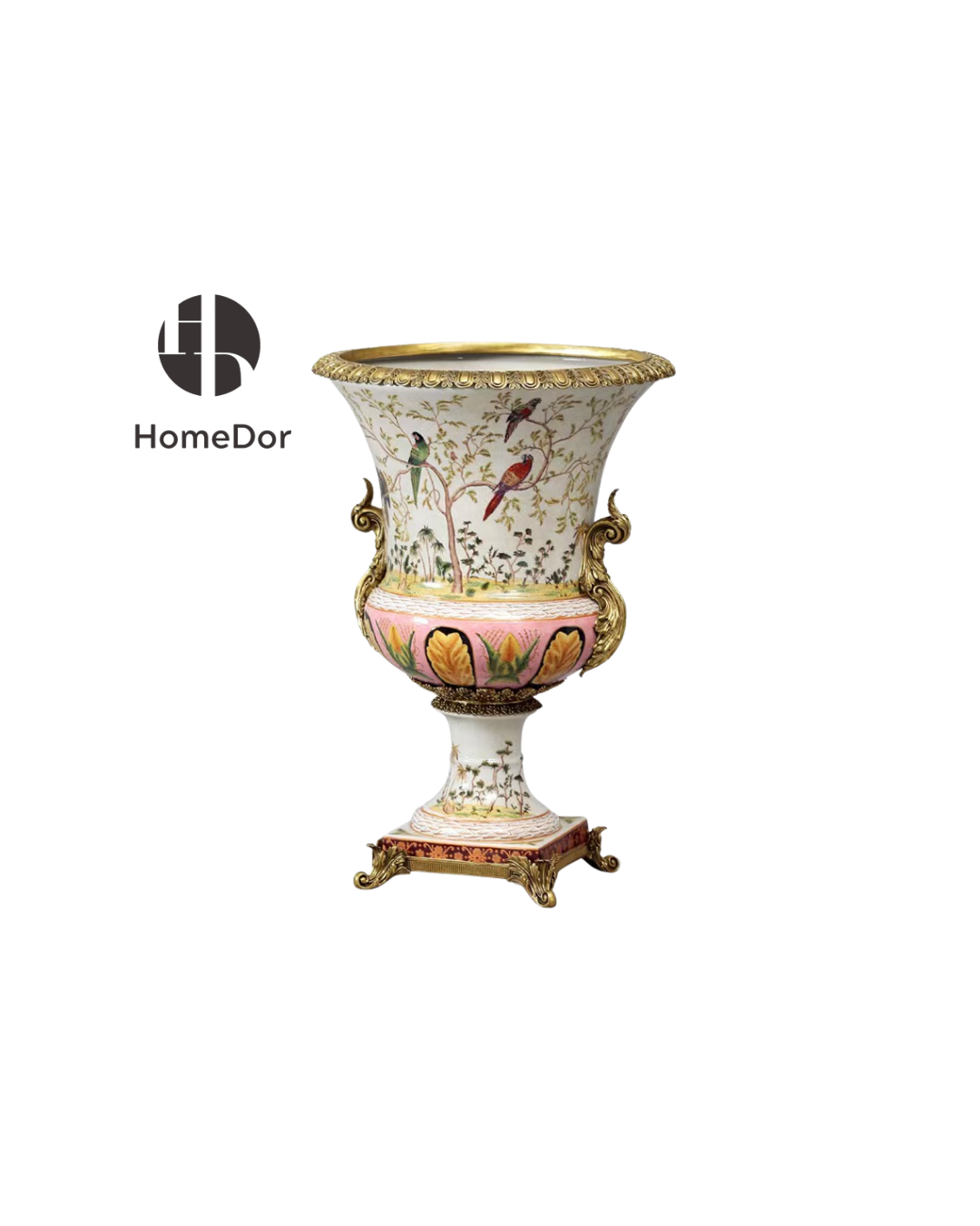 HomeDor HomeDor × FH&Home | Palatial Decorative Porcelain Planter with Birds and Gold Accents-L52cm × W52cm × H76cm-