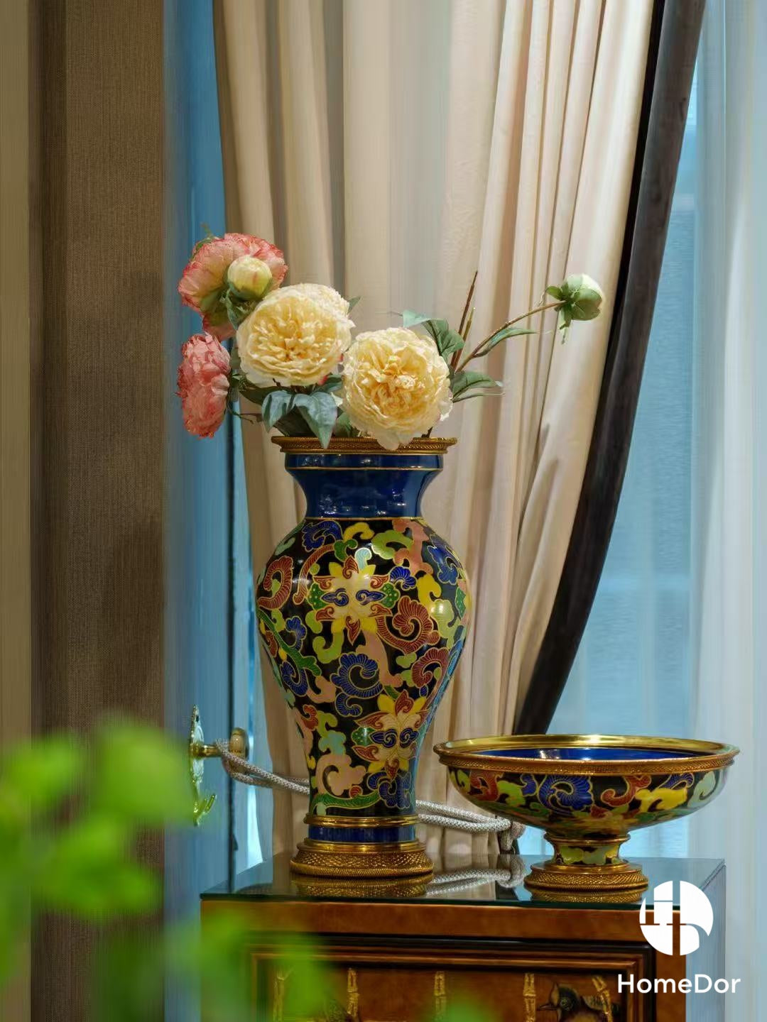 Imperial Cloisonné Enamel Decor Set with Floral Motifs & Gilt Brass Trim1