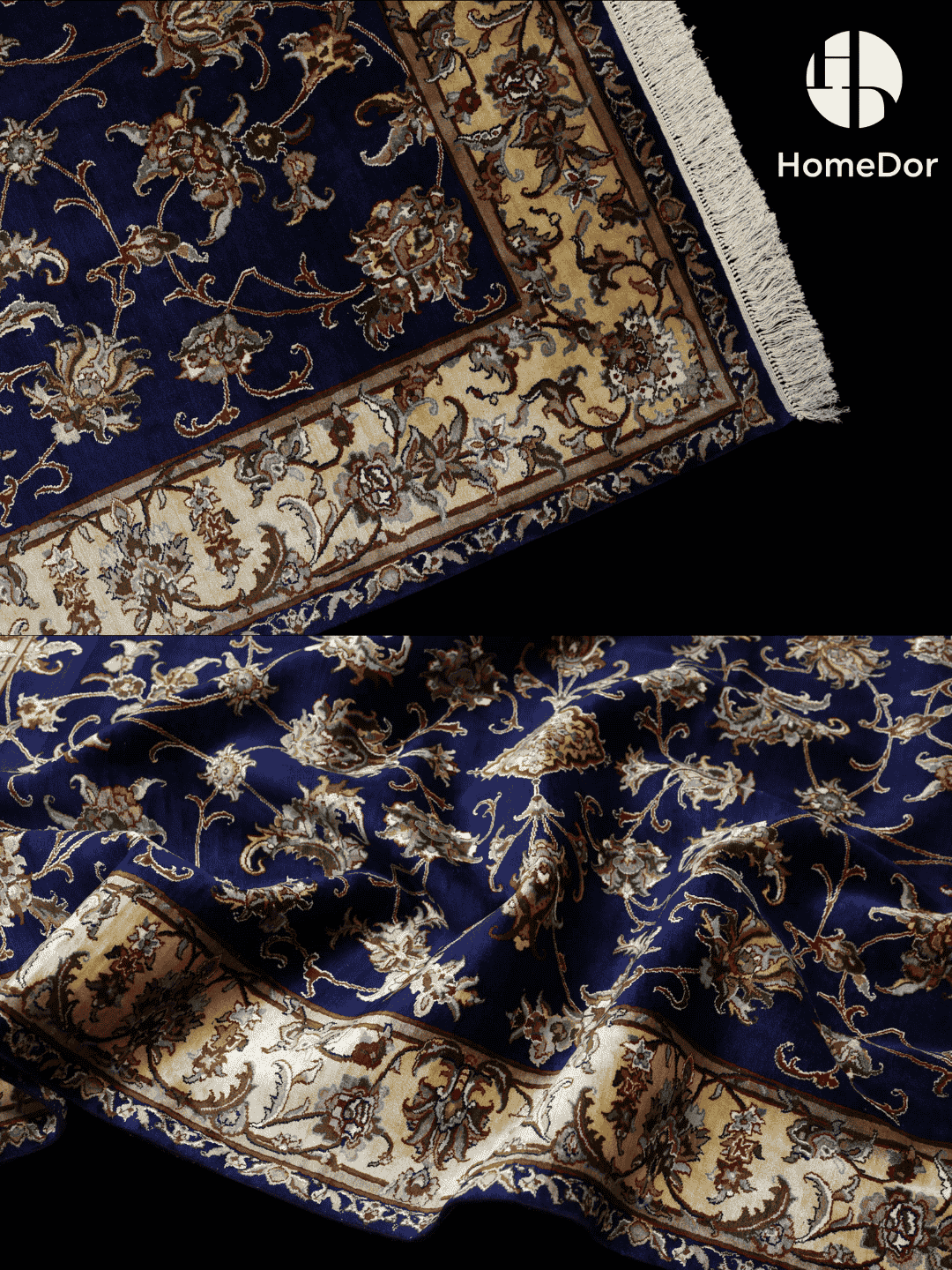 Kashmir Handmade Mulberry Silk Floral Navy Rug 122cm × 181cm2
