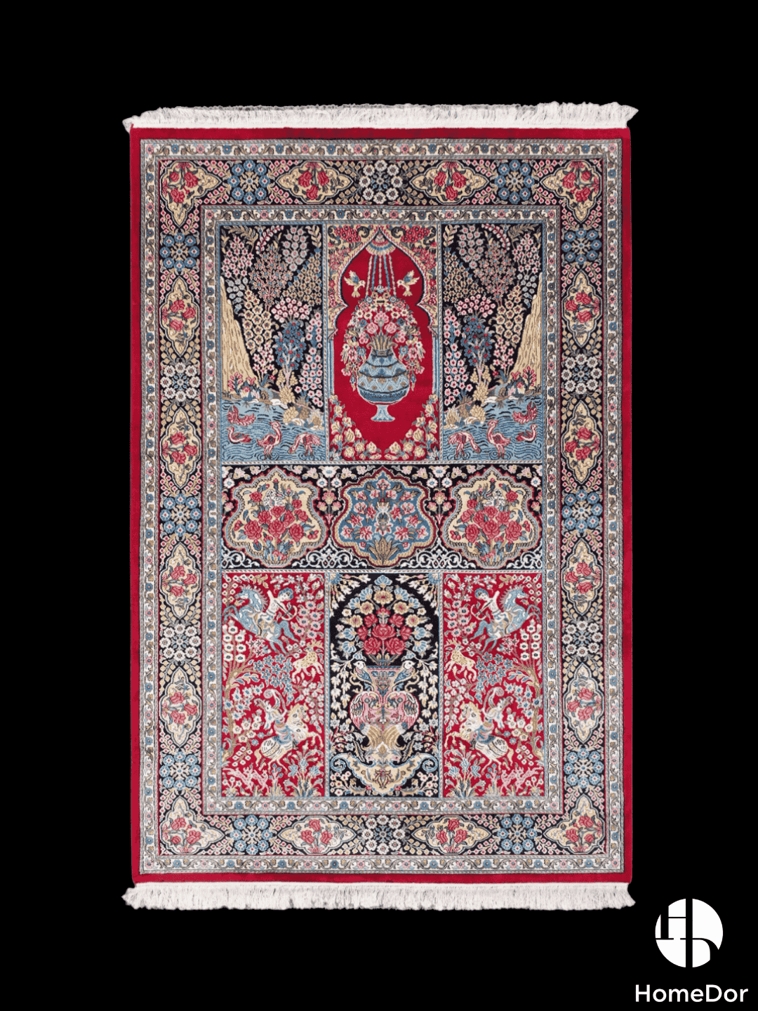 Kashmir Handmade Mulberry Silk Red Floral & Scenic Panel Rug 119cm × 180cm1