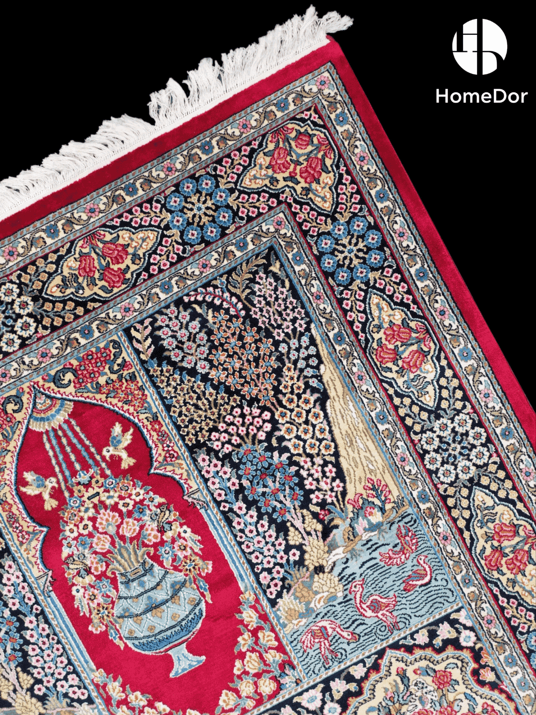 Kashmir Handmade Mulberry Silk Red Floral & Scenic Panel Rug 119cm × 180cm2