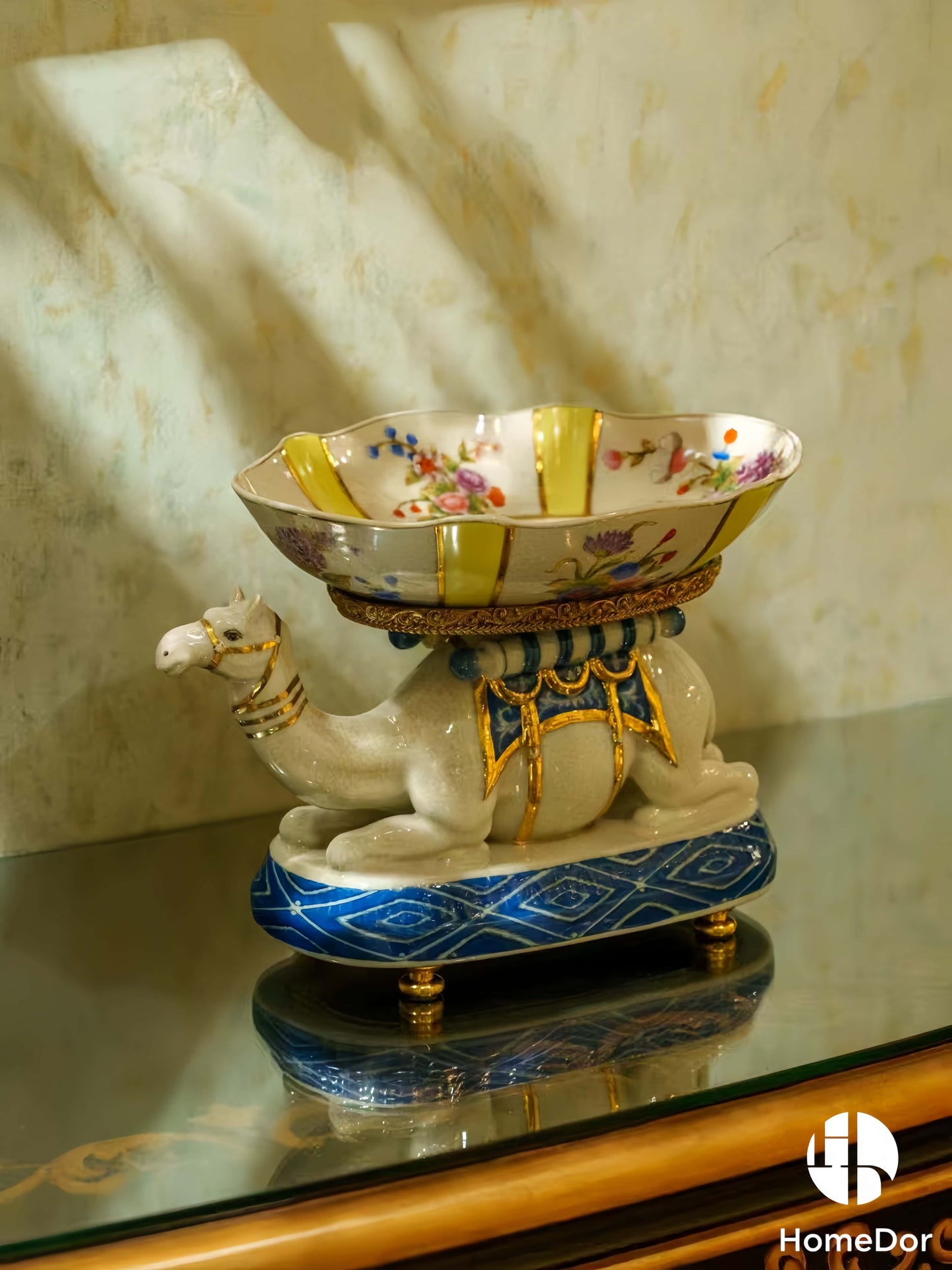 Luxe Camel Base Enameled Porcelain Decor with Floral Bowl & Brass Details1
