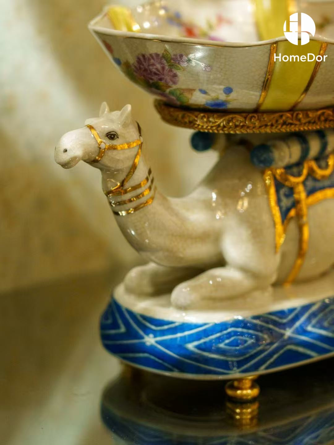 Luxe Camel Base Enameled Porcelain Decor with Floral Bowl & Brass Details2