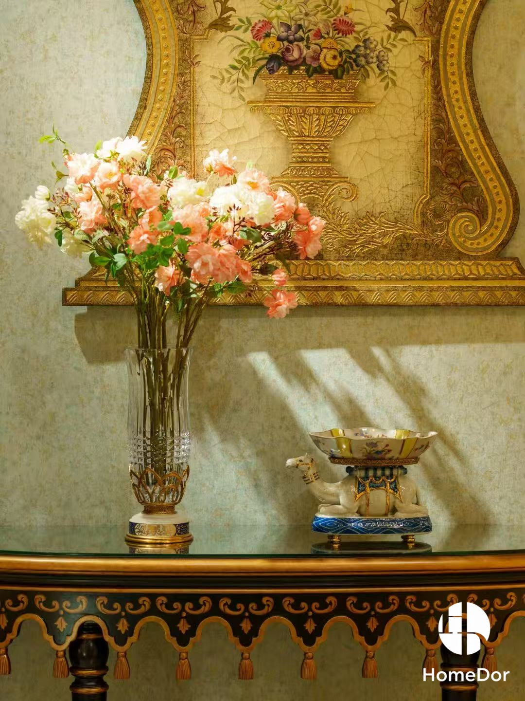 Luxe Camel Base Enameled Porcelain Decor with Floral Bowl & Brass Details3