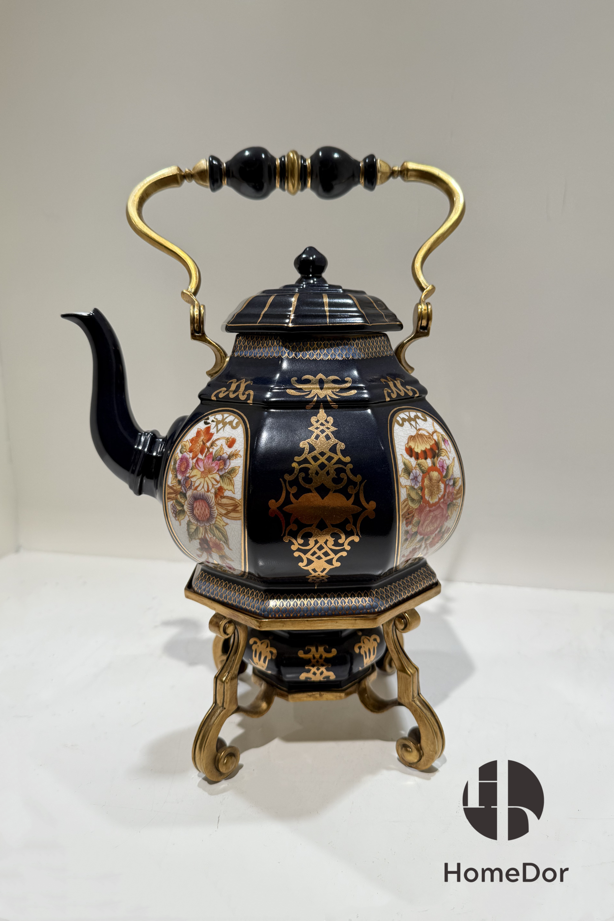 Luxury Blue Porcelain Gilt Floral Teapot Set 3