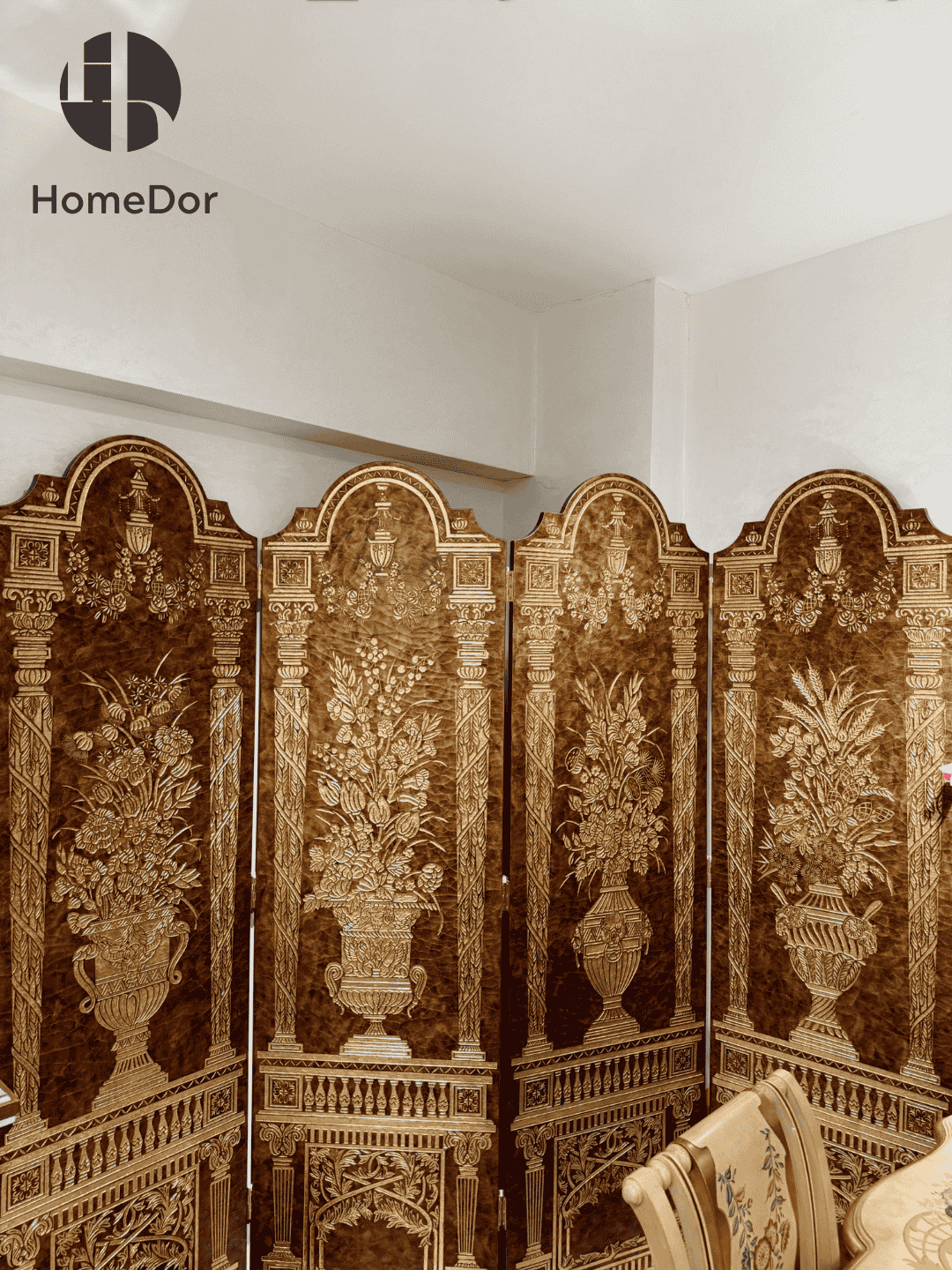 Luxury Brown and Gold Carved Room Divider with Floral Vase Elements2