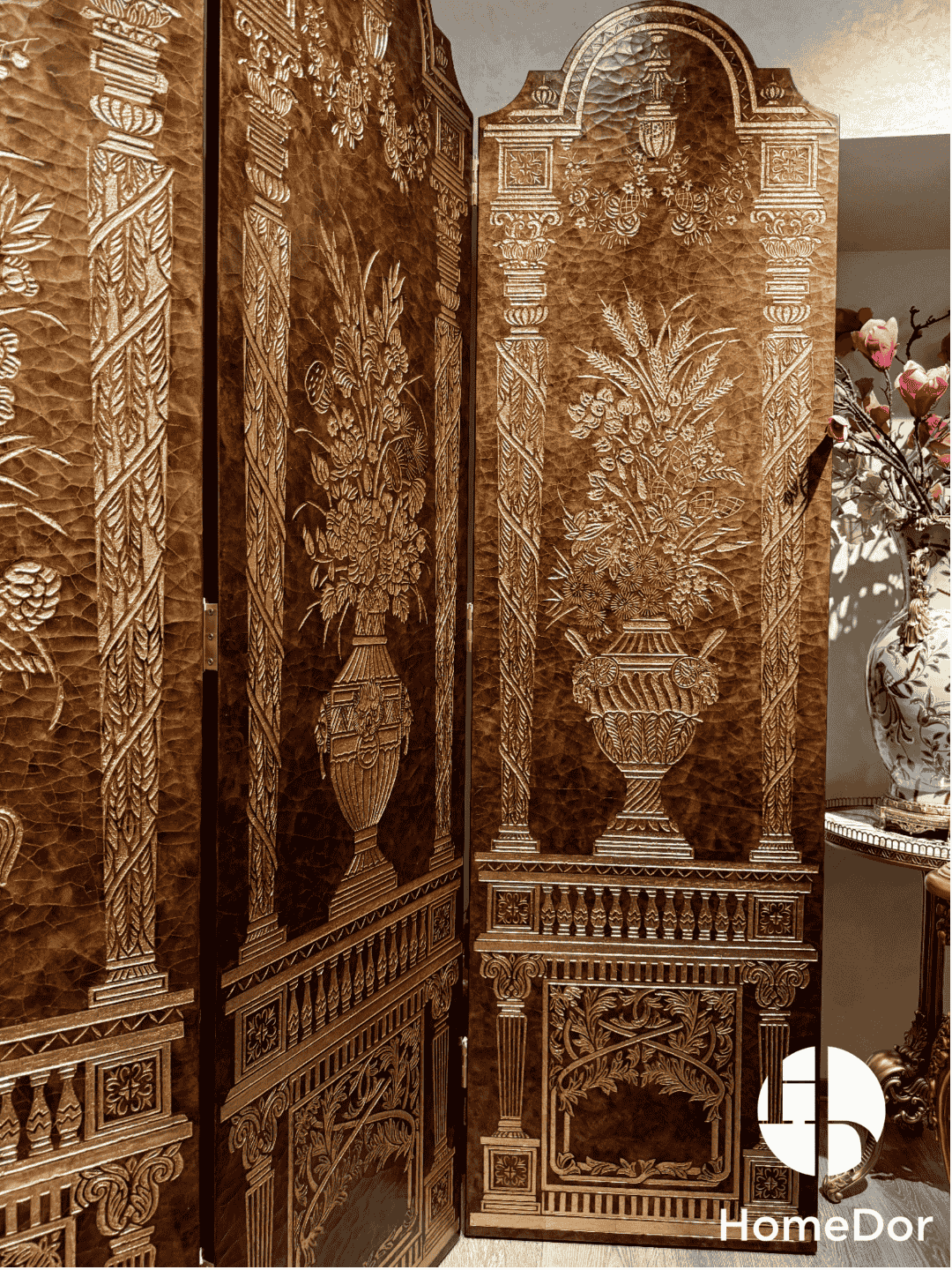 Luxury Brown and Gold Carved Room Divider with Floral Vase Elements3