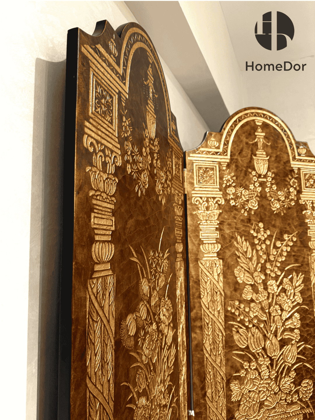 Luxury Brown and Gold Carved Room Divider with Floral Vase Elements4