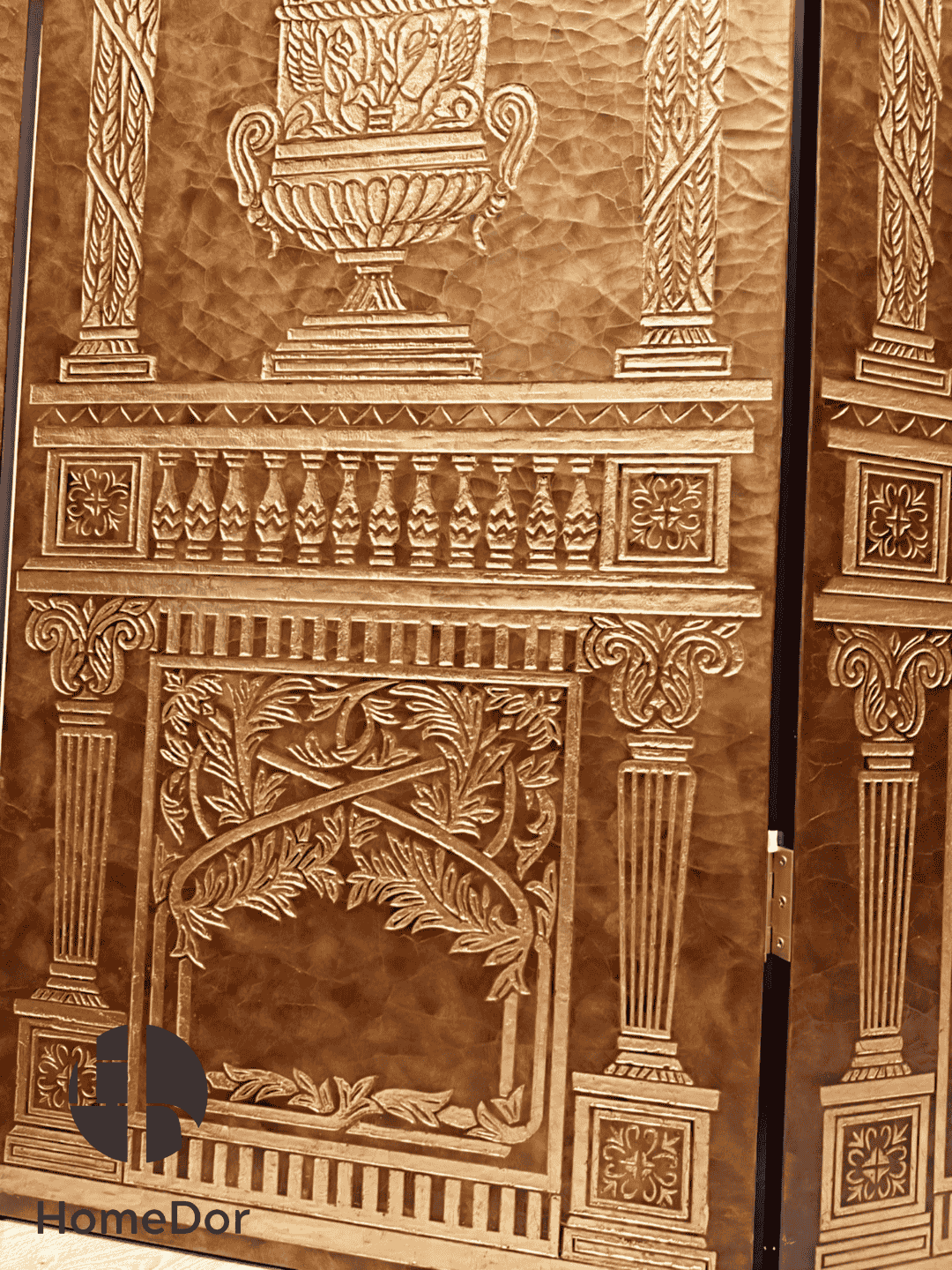 Luxury Brown and Gold Carved Room Divider with Floral Vase Elements5