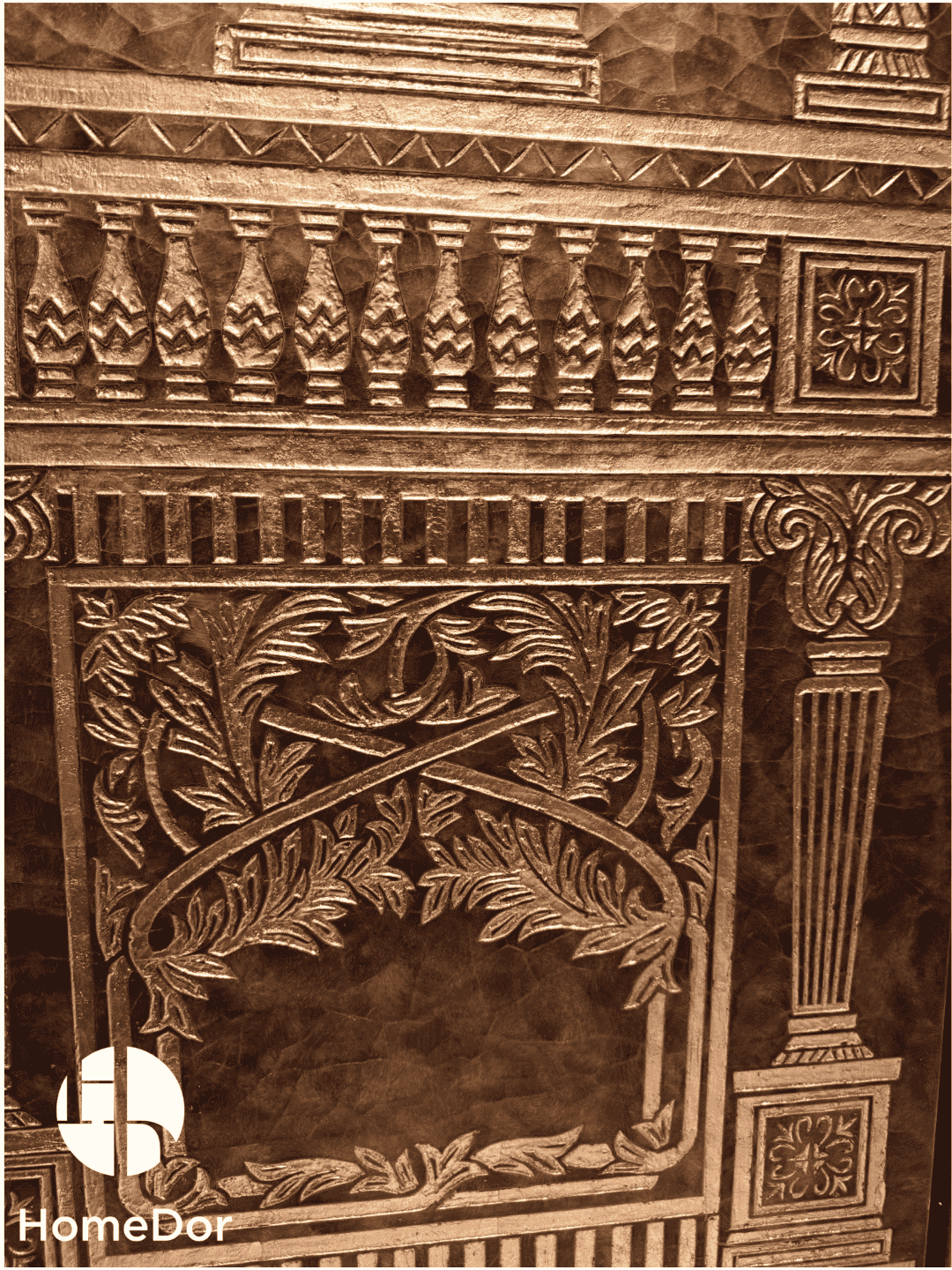 Luxury Brown and Gold Carved Room Divider with Floral Vase Elements6