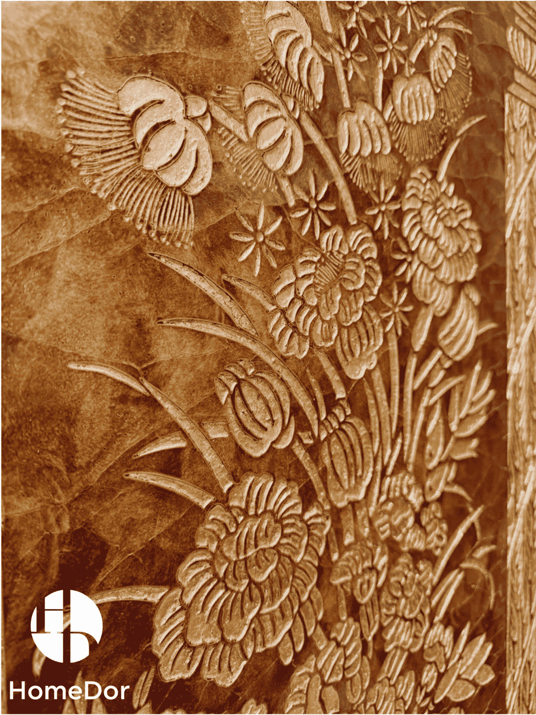 Luxury Brown and Gold Carved Room Divider with Floral Vase Elements7