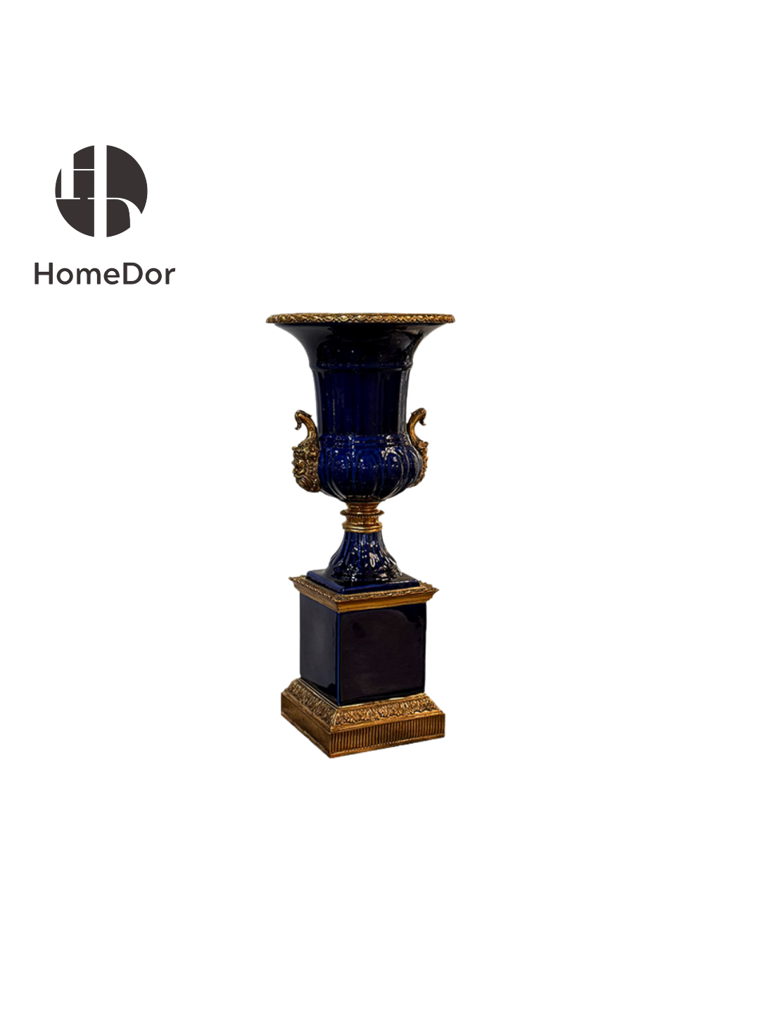 Luxury Navy Blue Porcelain Vases with Ornate Brass Decor&Pedestal Base1