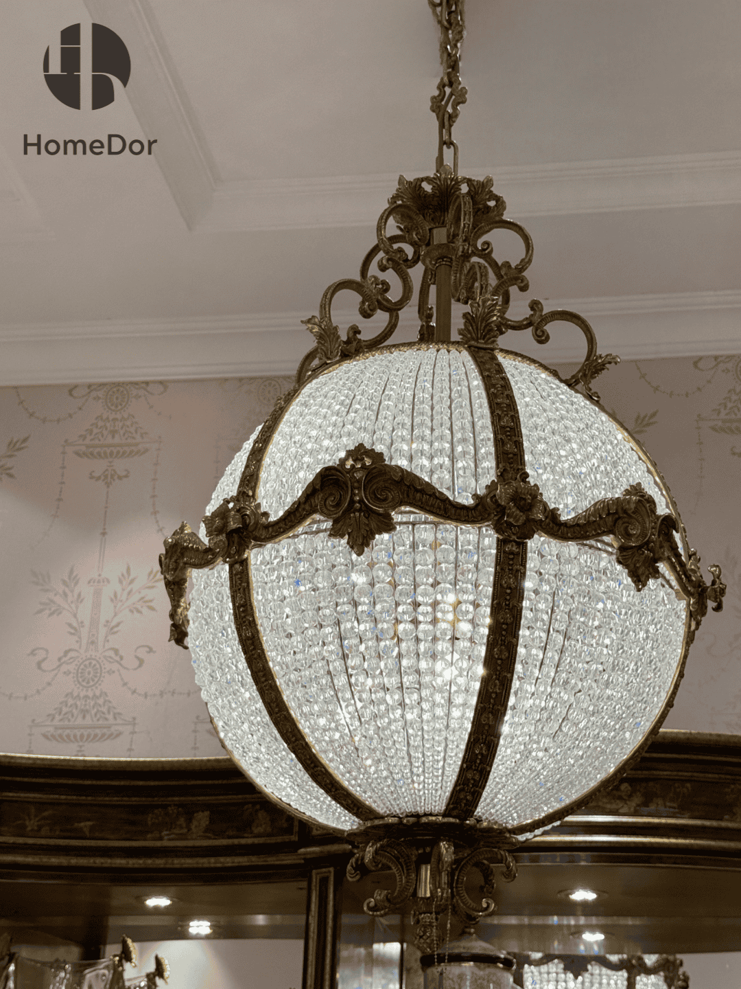 Luxury Sphere Crystal Chandelier with Brass Frame & Floral Accents3