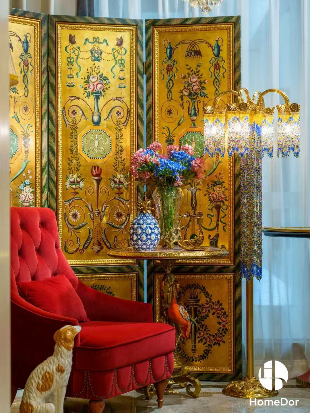 Luxury Textured Gold Toned 4-Panel Room Divider with Elegant Floral and Ornamental Designs2