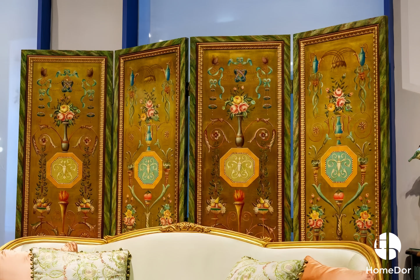 Luxury Textured Gold Toned 4-Panel Room Divider with Elegant Floral and Ornamental Designs3