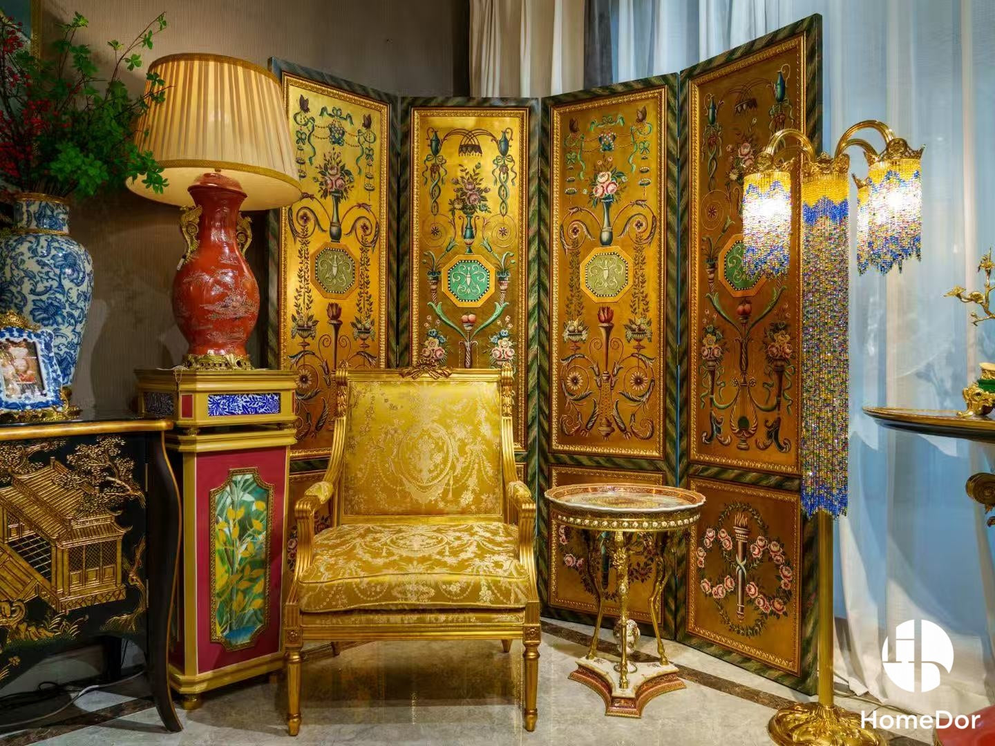 Luxury Textured Gold Toned 4-Panel Room Divider with Elegant Floral and Ornamental Designs4