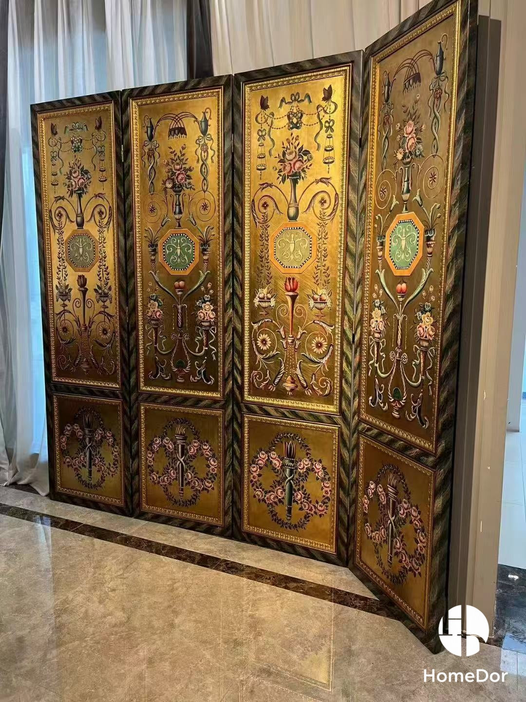 Luxury Textured Gold Toned 4-Panel Room Divider with Elegant Floral and Ornamental Designs
5