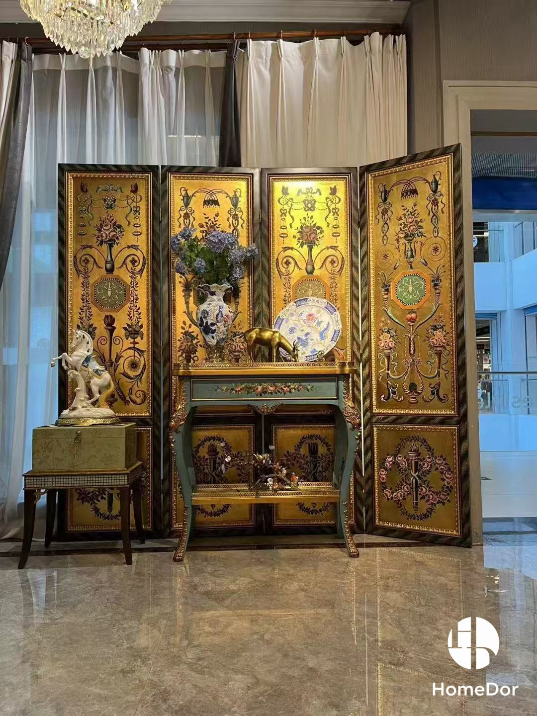 Luxury Textured Gold Toned 4-Panel Room Divider with Elegant Floral and Ornamental Designs
6