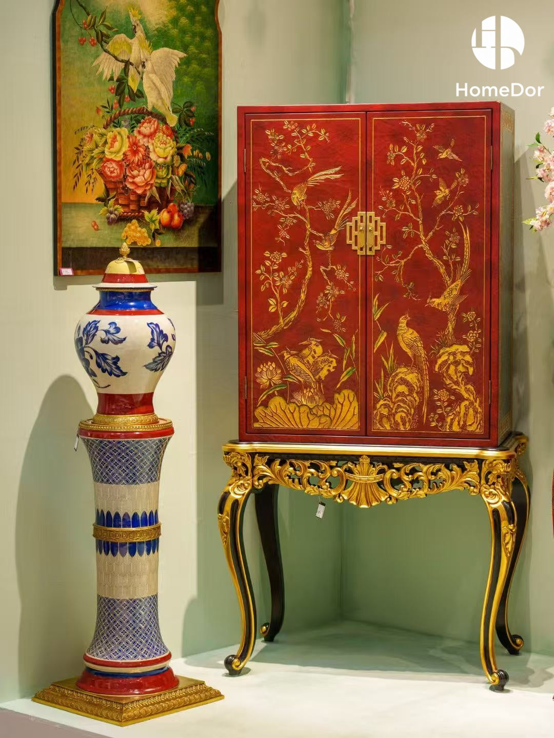 Luxury Tricolor Floral Porcelain Decorative Canister with Golden Accents
1