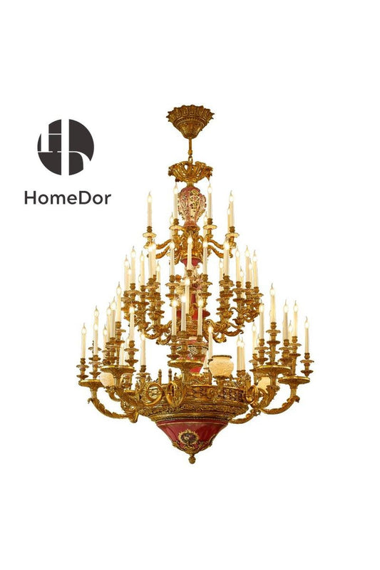 HomeDor-HomeDor × FH&Home | Grand Brass Chandelier with Rose-Pink Porcelain Floral Accents-Chandeliers-D165 cm × H220 cm-Warm Light-