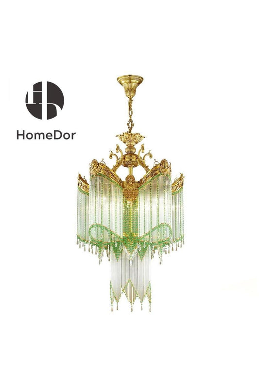 HomeDor-HomeDor × FH&Home | Antique Brass Chandelier with Draped Crystal and Glass Rods-Chandeliers-D74 cm × H115 cm-Warm Light-