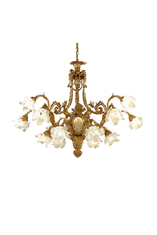 HomeDor × FH&Home | Grand Rococo Brass Chandelier with Frosted Glass Floral Shades