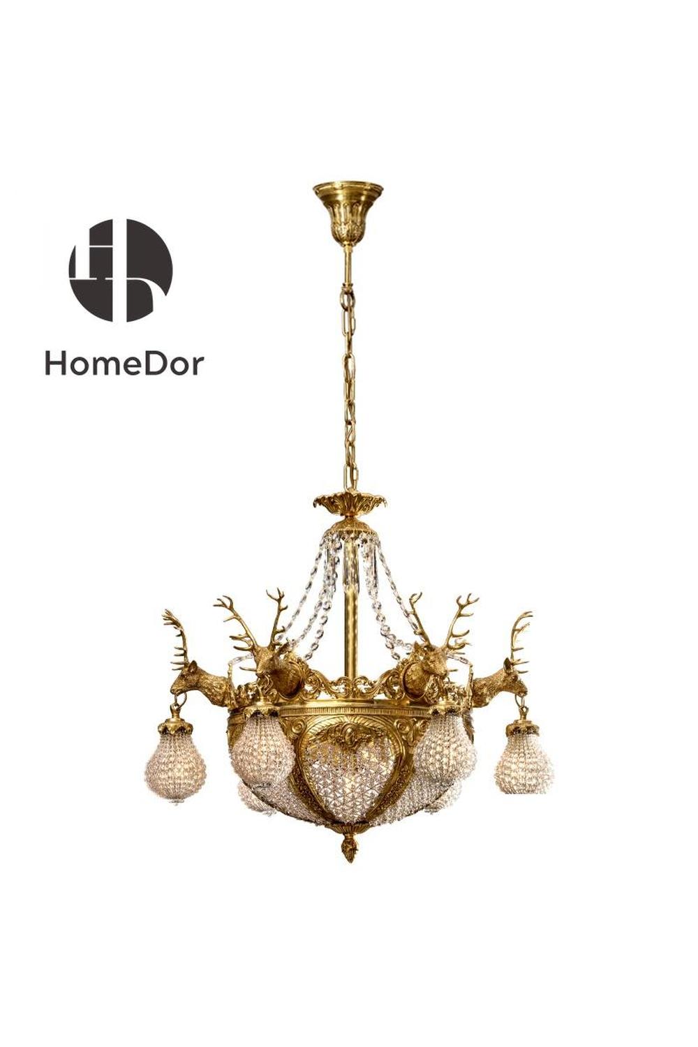 HomeDor-HomeDor × FH&Home | Baroque Revival Brass Deer Head Crystal Lantern Chandelier-Chandeliers-D75cm × H72cm-Warm Light-