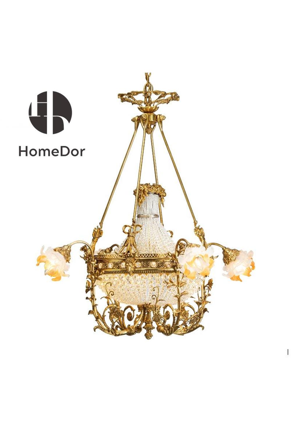 HomeDor-HomeDor × FH&Home | Baroque Floral Glass Chandelier with Exquisite Brass Carved Vines-Chandeliers-D102 × H108cm-Warm Light-