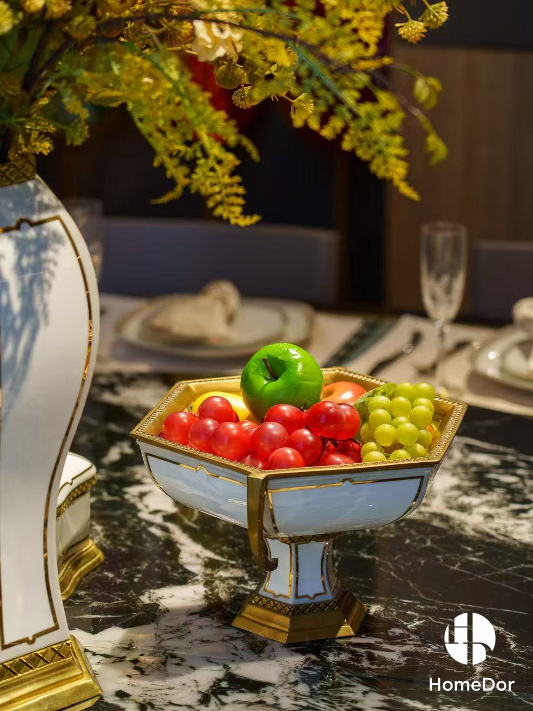 HomeDor Minimalist White Porcelain Decor Set with Brass Geometric Accents-Fruit Bowl/Compote: L34cm X W28cm X H20cm-