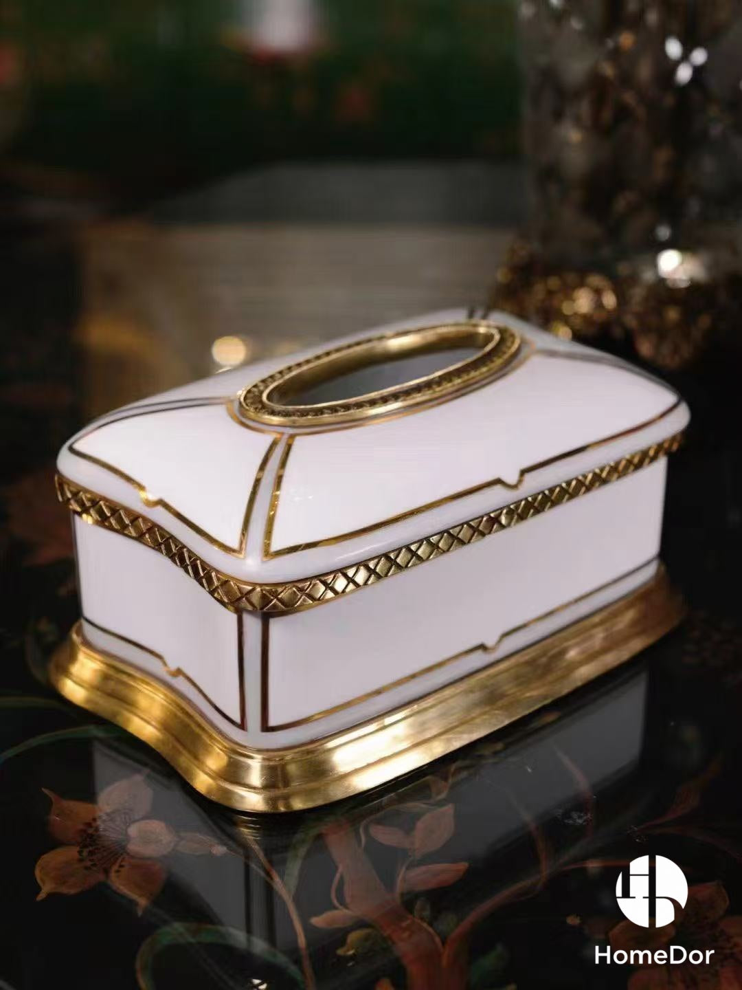 HomeDor Minimalist White Porcelain Decor Set with Brass Geometric Accents-Fruit Bowl/Compote: L34cm X W28cm X H20cm-