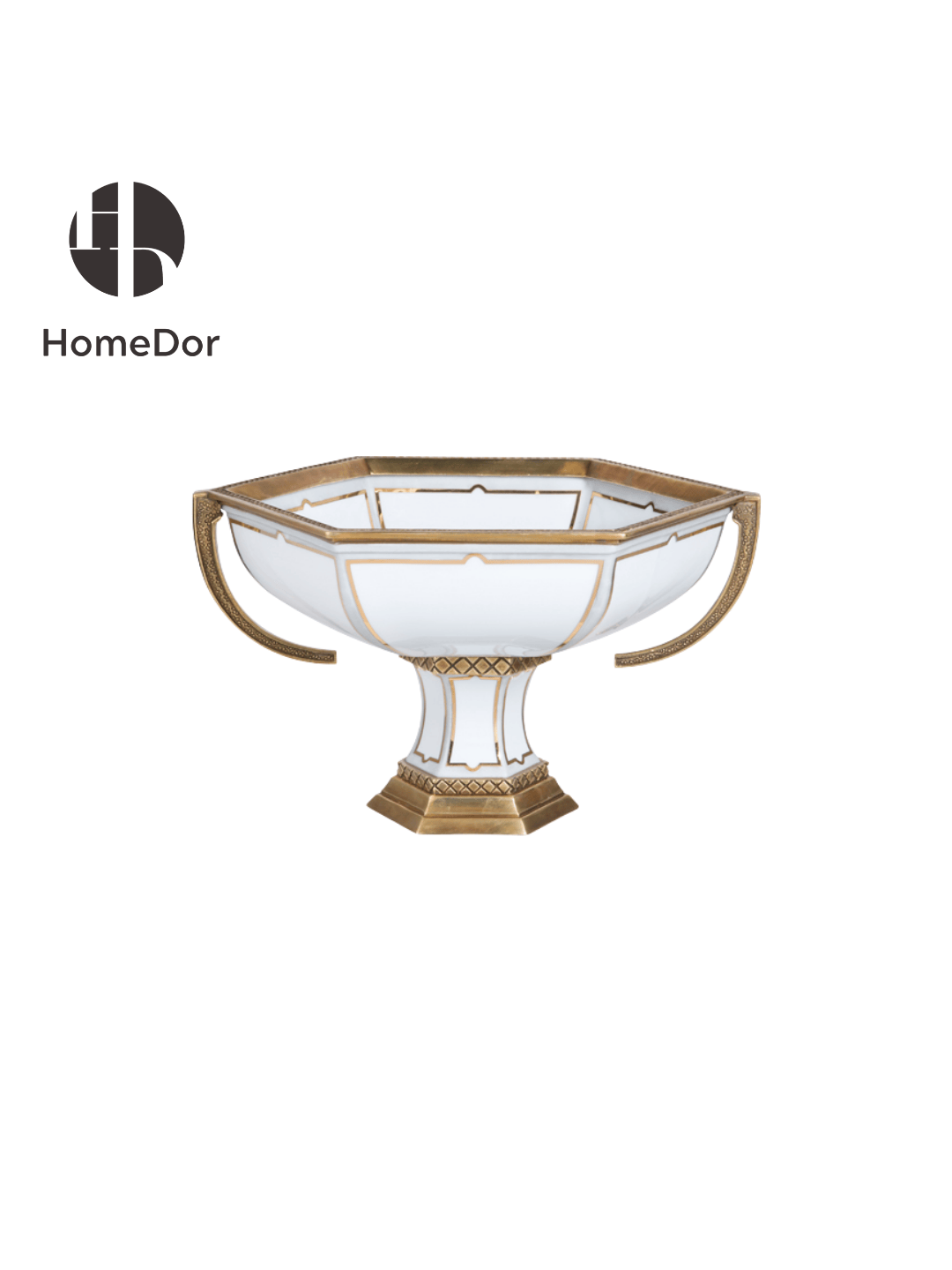 HomeDor Minimalist White Porcelain Decor Set with Brass Geometric Accents-Fruit Bowl/Compote: L34cm X W28cm X H20cm-