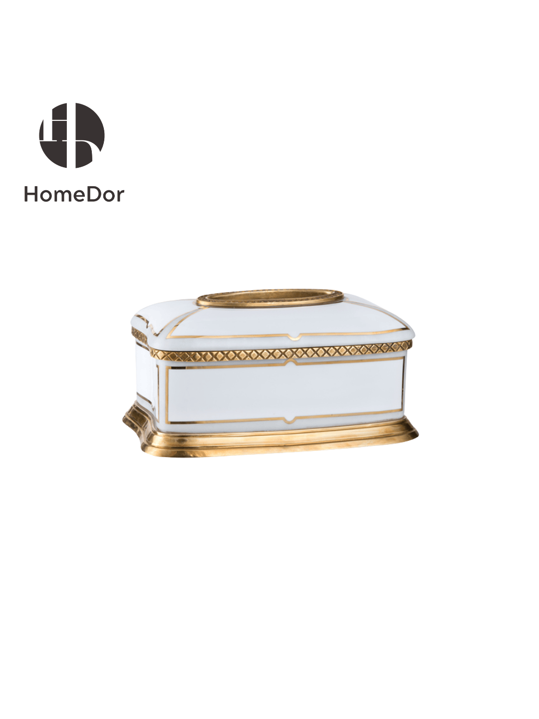 HomeDor Minimalist White Porcelain Decor Set with Brass Geometric Accents-Tissue Box: L25cm X W16cm X H13cm-