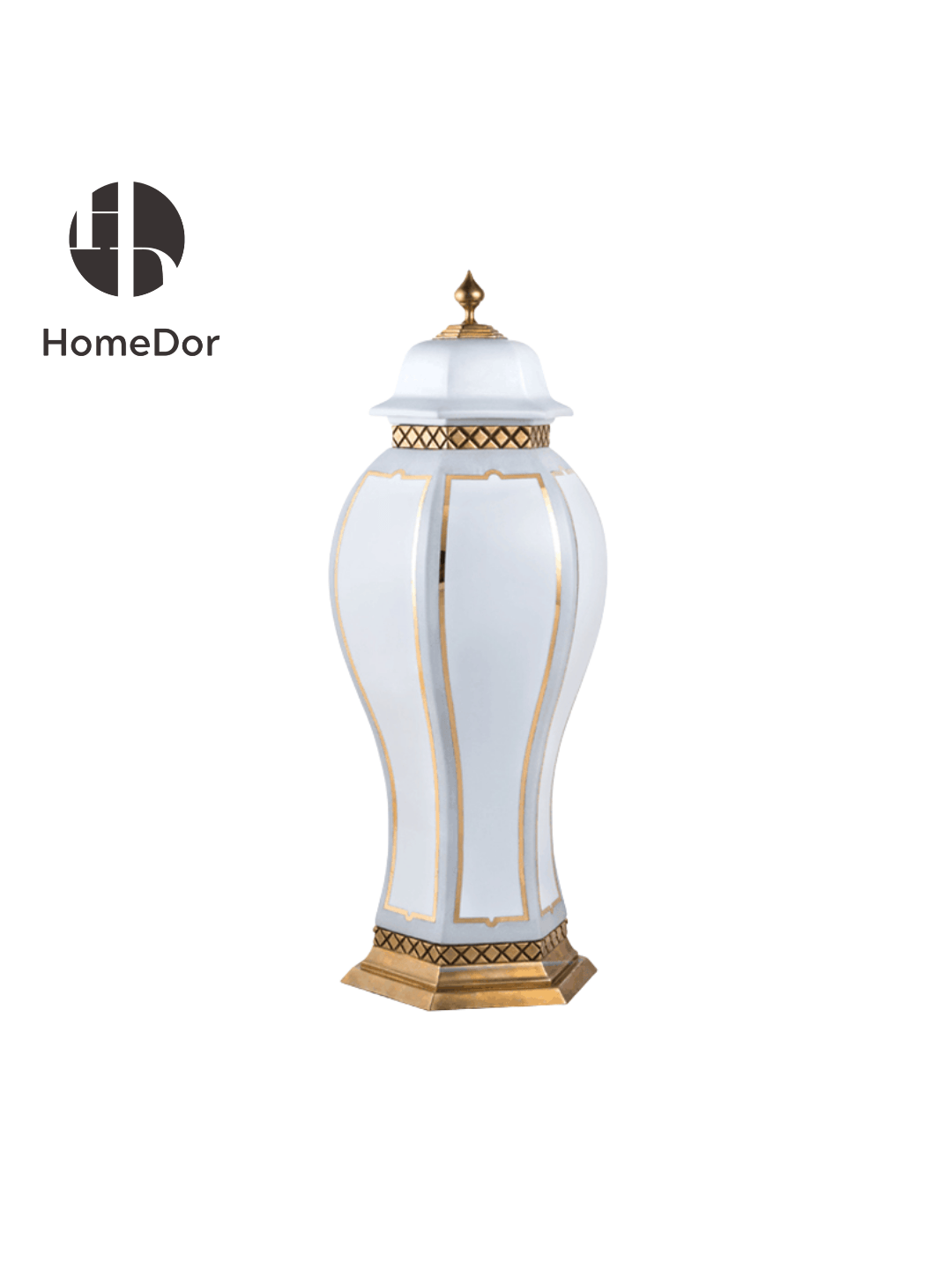 HomeDor Minimalist White Porcelain Decor Set with Brass Geometric Accents-Vase/Canister: L22cm X W19cm X H46cm-