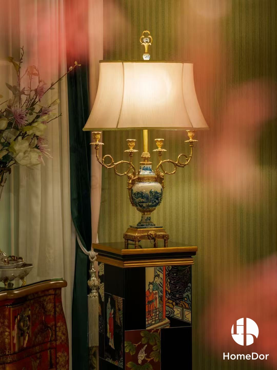 Neo - Classical Blue and White Porcelain Table Lamp with Brass Candelabra Design1