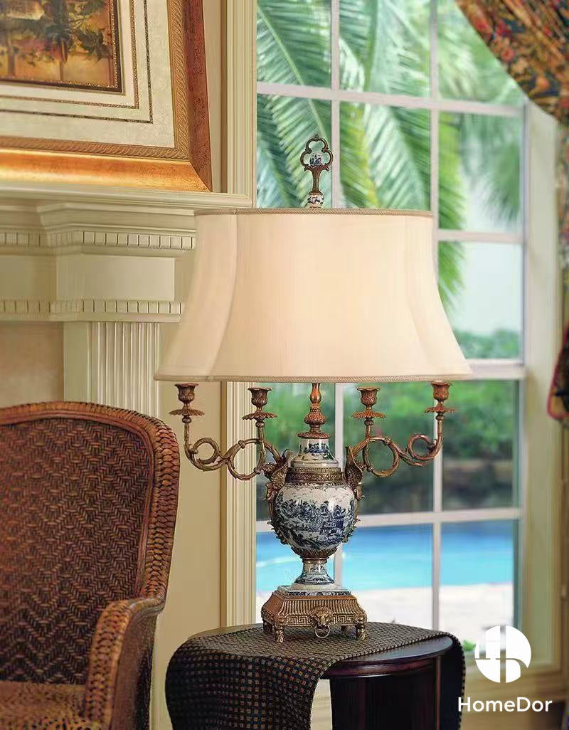 Neo - Classical Blue and White Porcelain Table Lamp with Brass Candelabra Design2