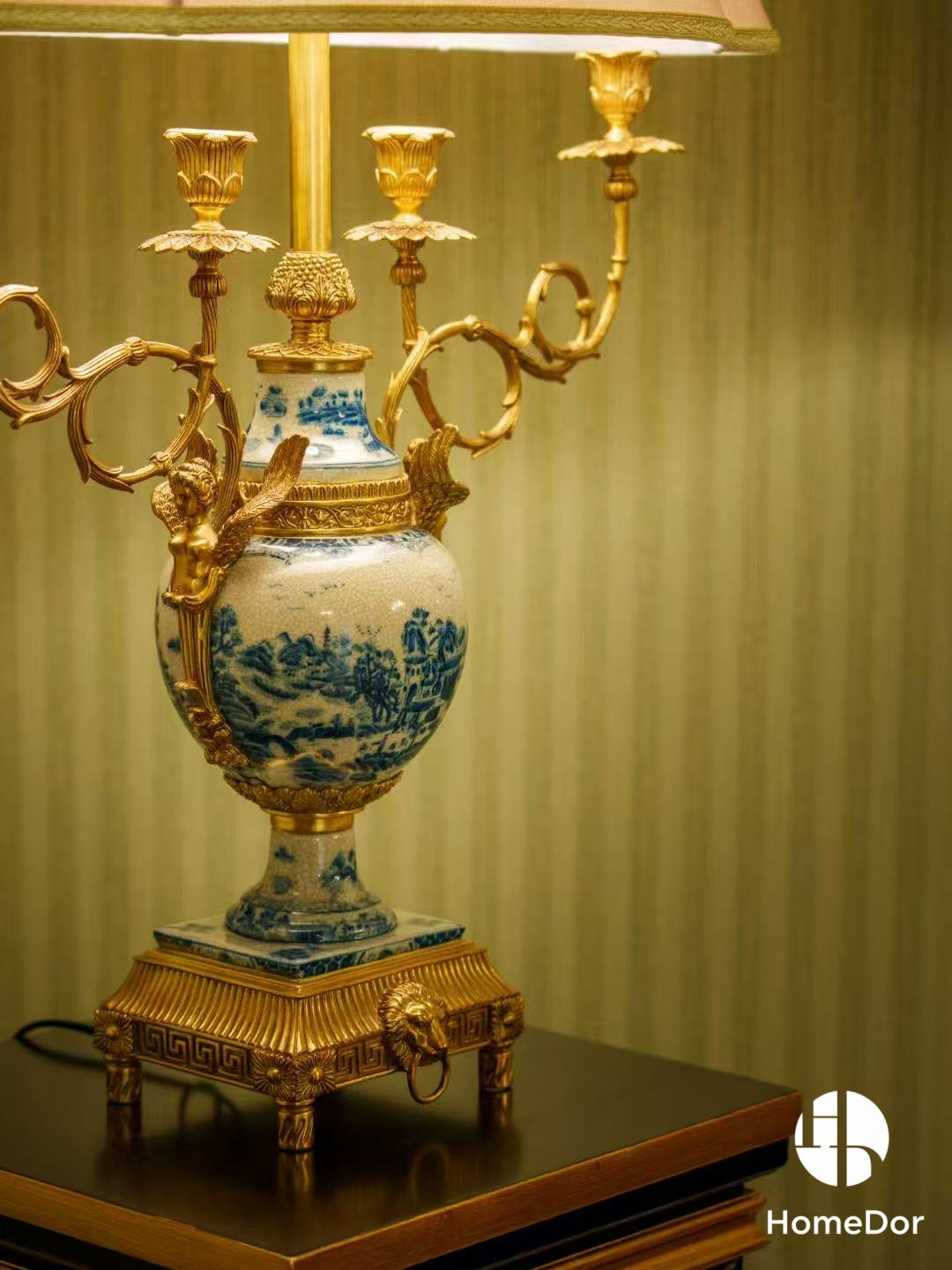 Neo - Classical Blue and White Porcelain Table Lamp with Brass Candelabra Design4