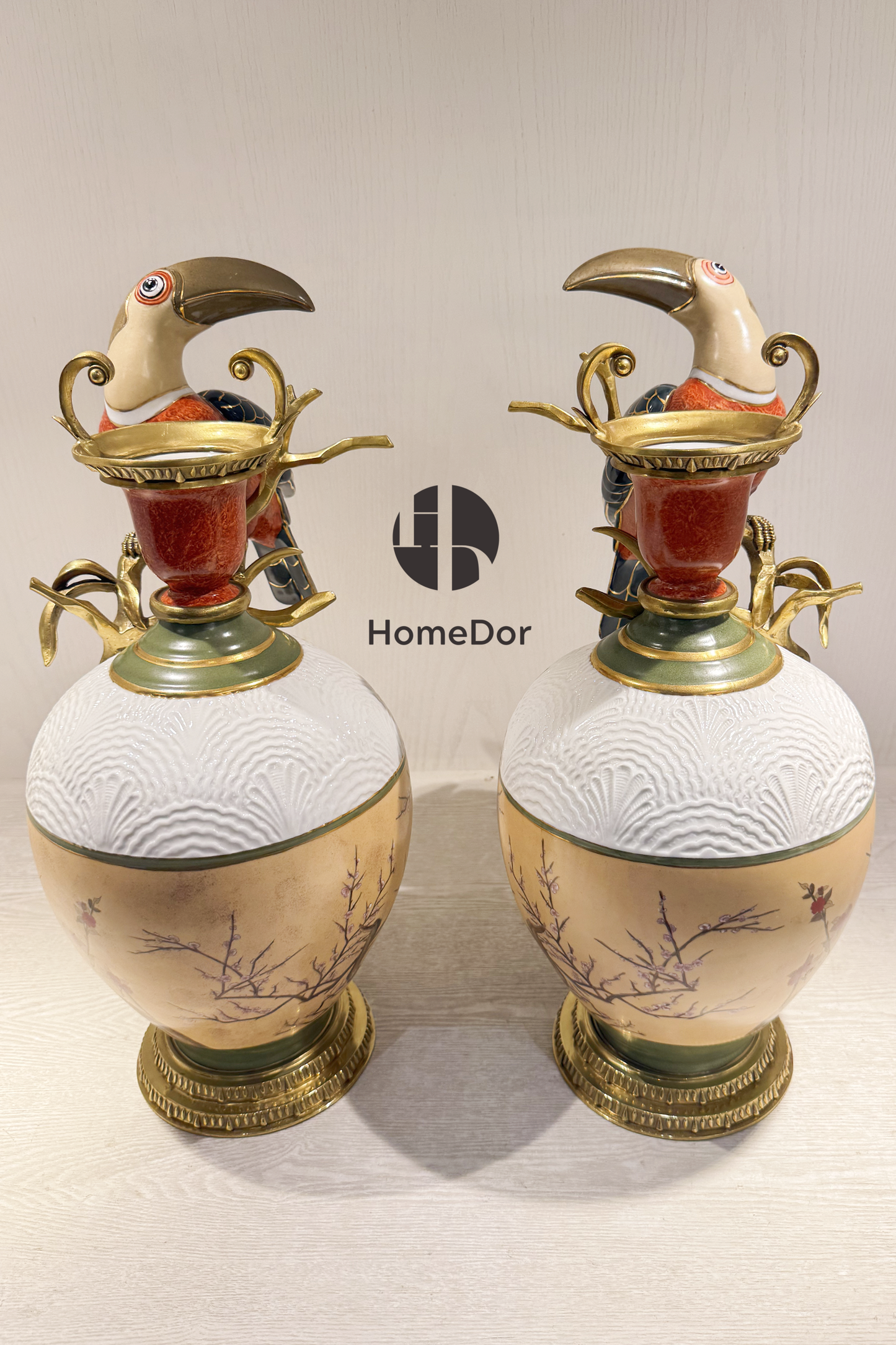 HomeDor HomeDor × FH&Home | Opulent Nature-inspired Porcelain Vase with Intricate Toucan-Vases & Vessels-Left/L25cm × W18cm × H44cm-