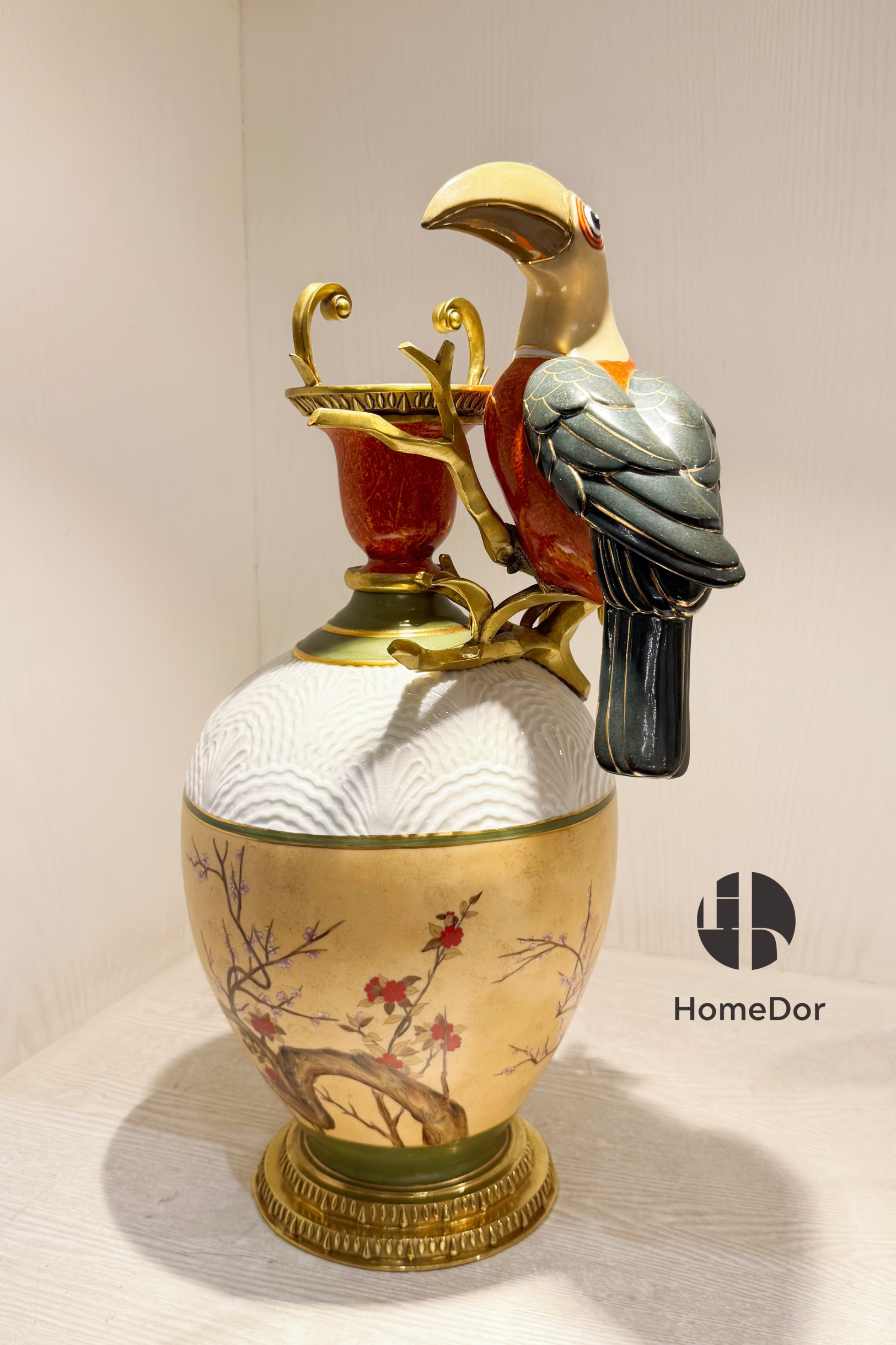 HomeDor HomeDor × FH&Home | Opulent Nature-inspired Porcelain Vase with Intricate Toucan-Vases & Vessels-Left/L25cm × W18cm × H44cm-