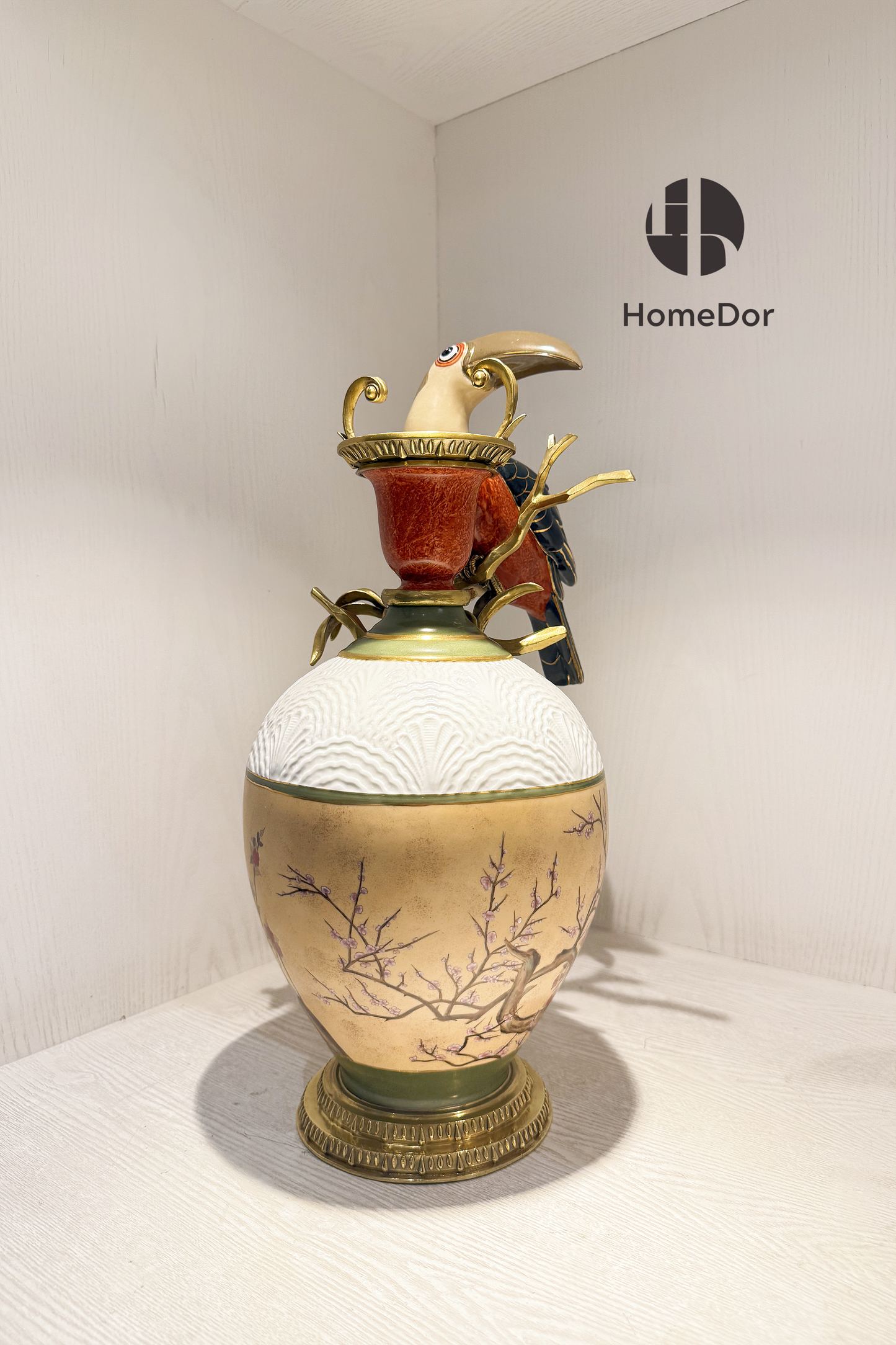HomeDor HomeDor × FH&Home | Opulent Nature-inspired Porcelain Vase with Intricate Toucan-Vases & Vessels-Left/L25cm × W18cm × H44cm-