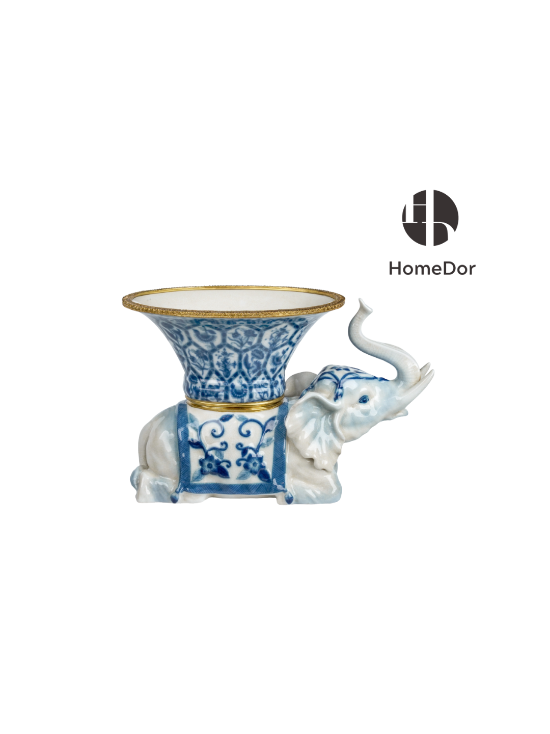 Oriental Blue And White Elephant Ceramic & Crystal With Brass Trimmed Decor Set 3