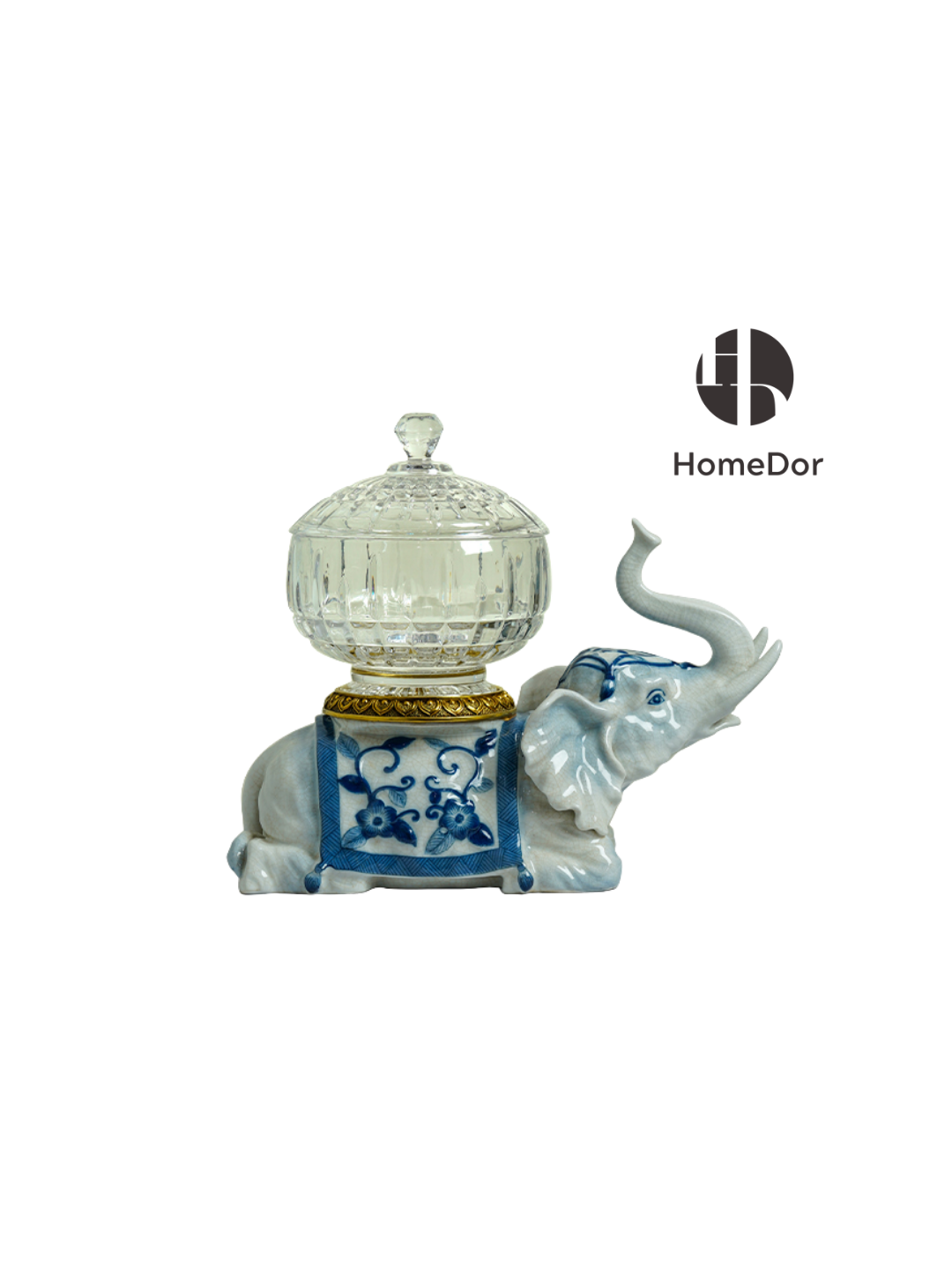 Oriental Blue And White Elephant Ceramic & Crystal With Brass Trimmed Decor Set 4